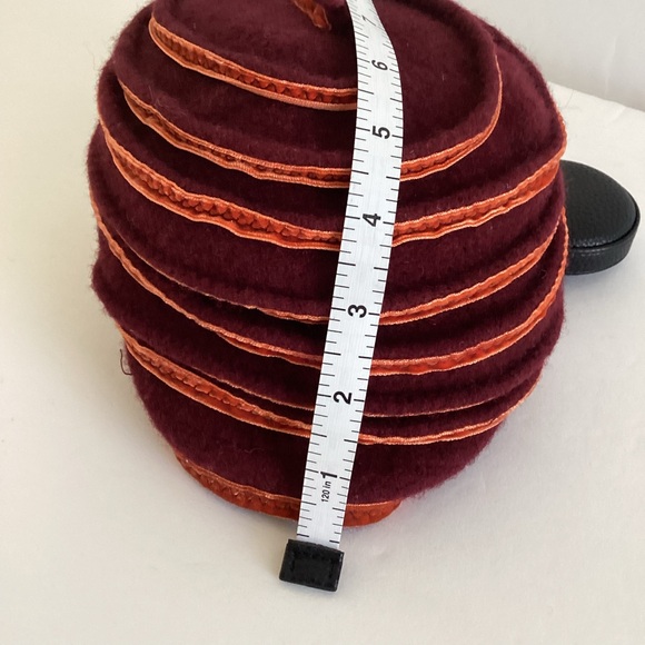 Italian Wool Felt Sculptural Beret Cloche Hat Burgundy Orange Trim Avant Garde - Picture 12 of 14